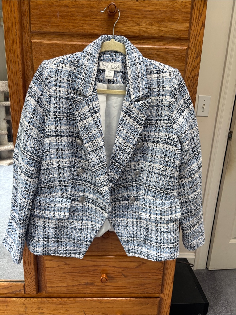 Rachel Zoe Blue and White Tweed Double-Breasted Blazer